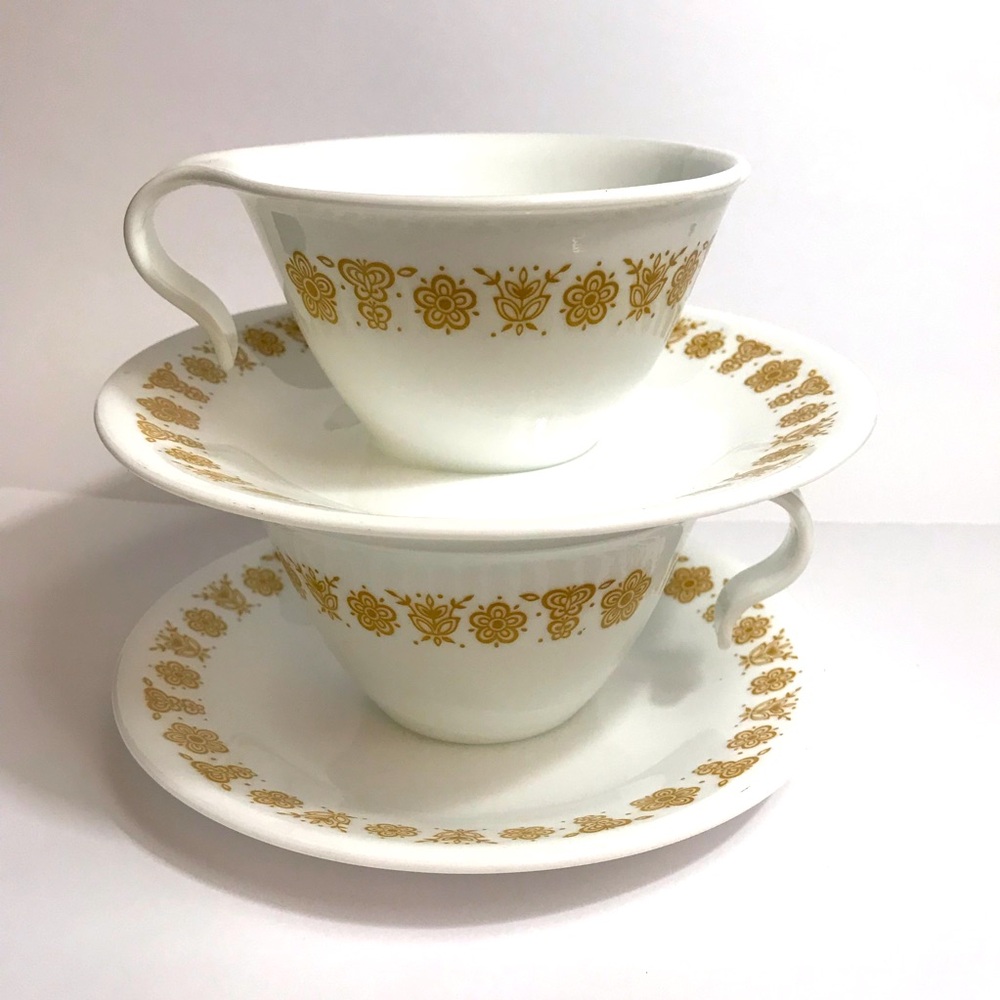 Vintage Corelle Livingware by Corning Butterfly Gold Cups & Saucers Set Of 2